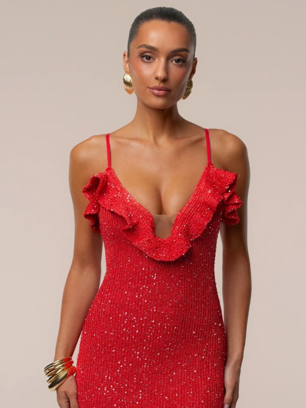 JLUXLABEL Red Beaded Ruffle V-Neck Maxi Dress - Picture 2 of 10